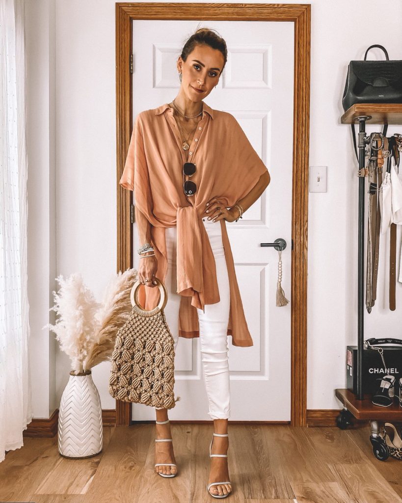 bathing suit coverup worn as an oversized button up shirt mint strappy heels boho chic outfit summer style