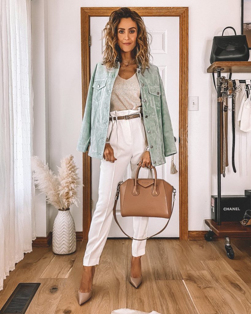 Karina Style Diaries cream trousers gucci belt Oversized Boyfriend Jacket outfit