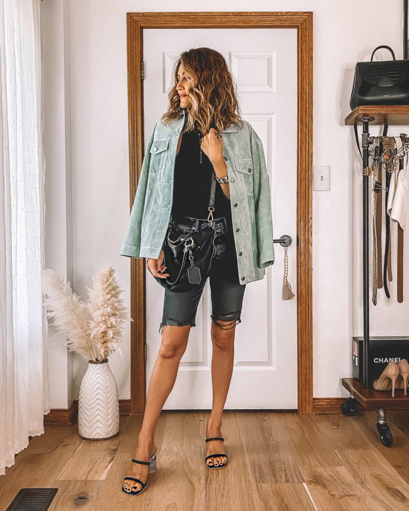 Karina Style Diaries wearing long shorts black racerback bodysuit Oversized Boyfriend Jacket outfit