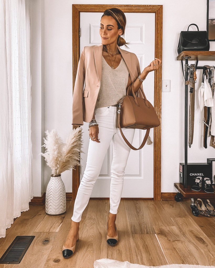 Business chic style white jeans taupe knit tank nude blazer givenchy antigona bag