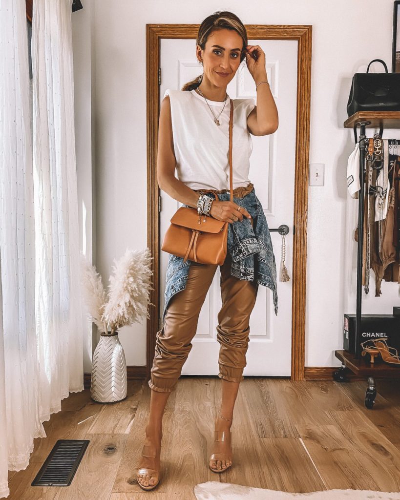 Vegan Leather tan joggers outfit padded shoulder muscle tee denim jacket mini mini lady bag mansur gavriel street style