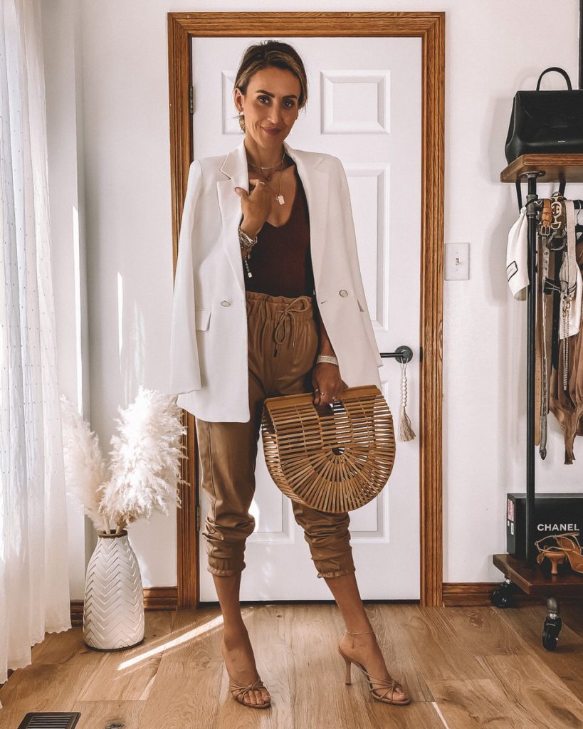 Faux Leather tan joggers outfit white blazer knit tank work style