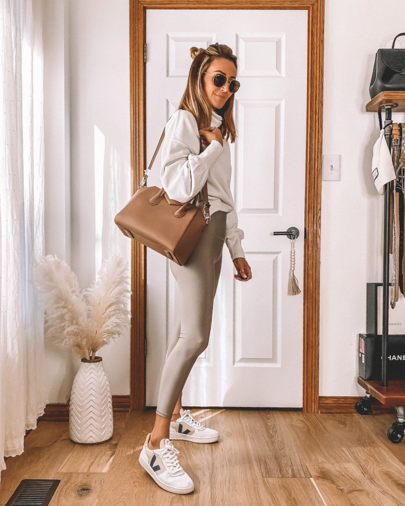 Karina Style Diaries styling workout leggings casual outfits agolde balloon sleeve sweatshirt airlift gravel leggings veja v-10 sneakers givenchy antigona handbag