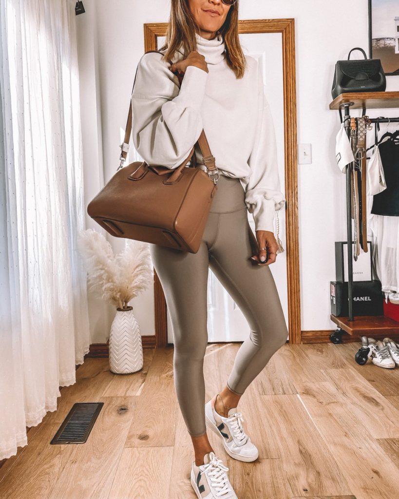 Karina Style Diaries styling workout leggings casual outfits agolde balloon sleeve sweatshirt airlift gravel leggings veja v-10 sneakers givenchy antigona handbag