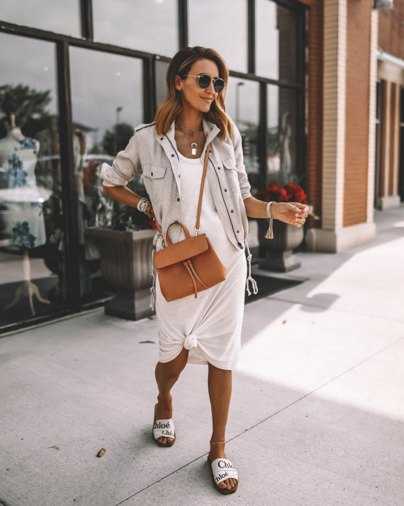 Karina Style Diaries wearing tank dress knotted ilitary jacket Mansur Gavriel mini mini lady bag Chloe woody sandals outfit