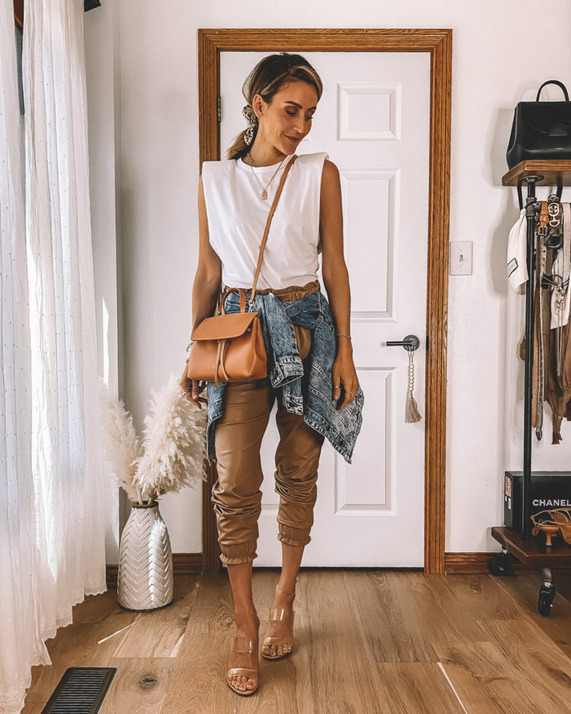 Vegan Leather tan joggers outfit padded shoulder muscle tee denim jacket mini mini lady bag mansur gavriel street style 