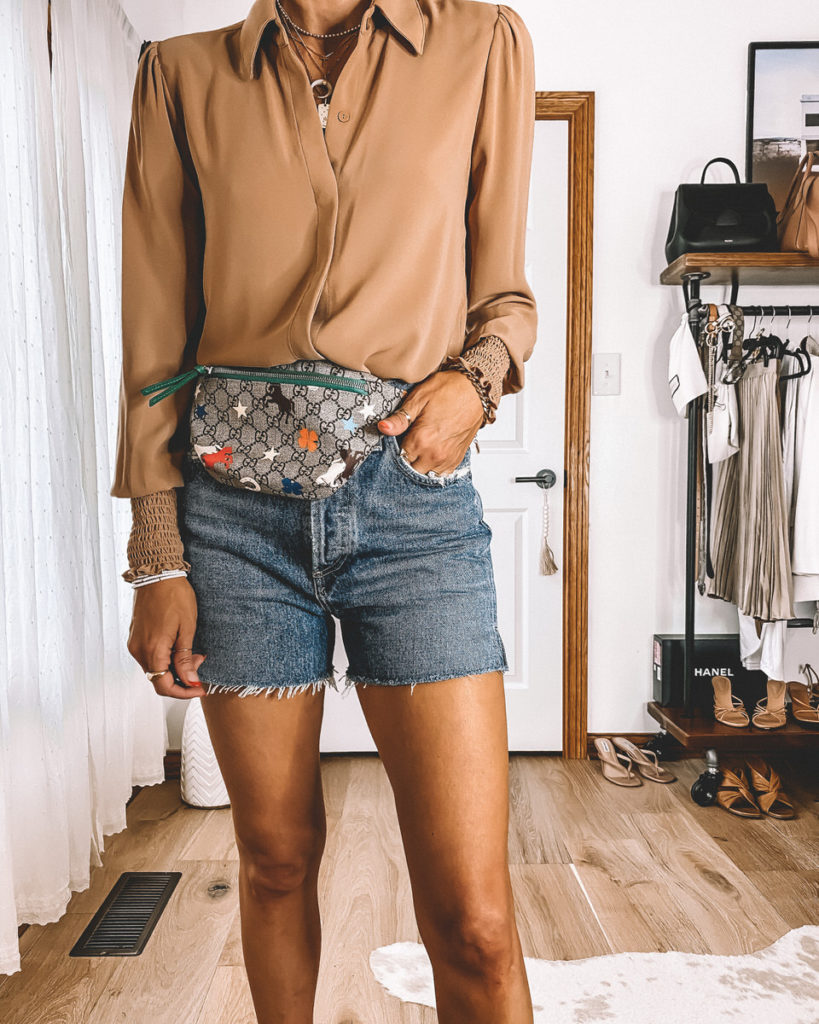 Smocked cuff tan shirt high waist Agolde Dee shorts Gucci kids Belt bag outfit