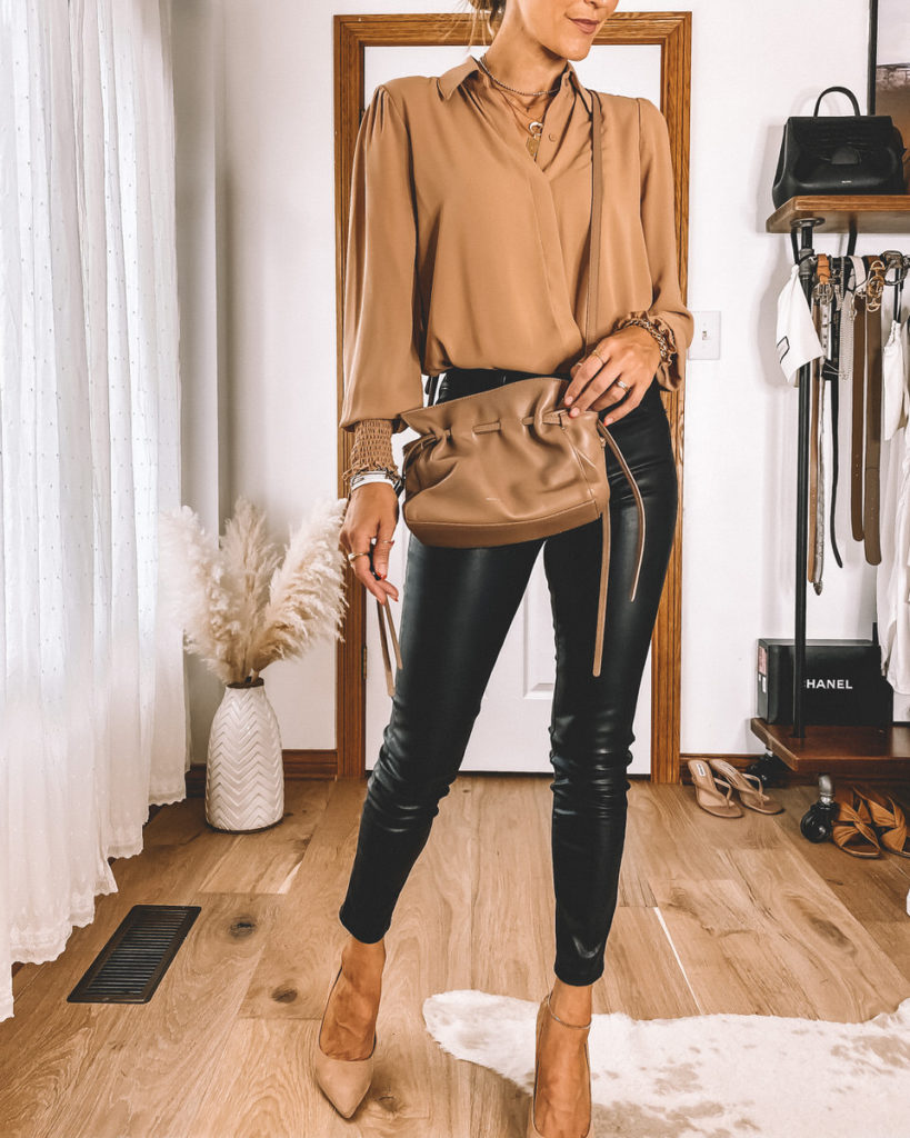 Smocked cuff silk blouse tan vegan leather pants nude heels Protea Gavriel Mansur Bag Work outfit street style