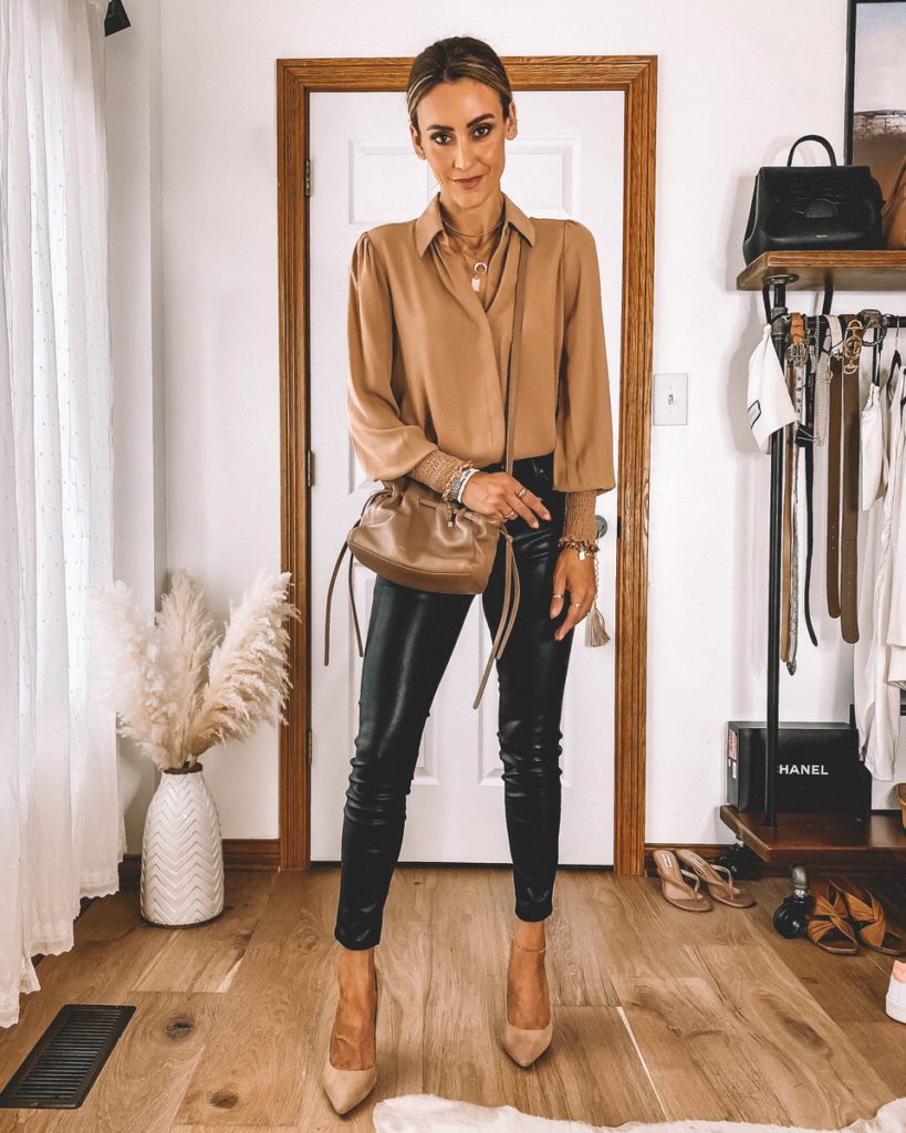 Smocked cuff silk blouse tan vegan leather pants nude heels Protea Gavriel Mansur Bag Work outfit street style