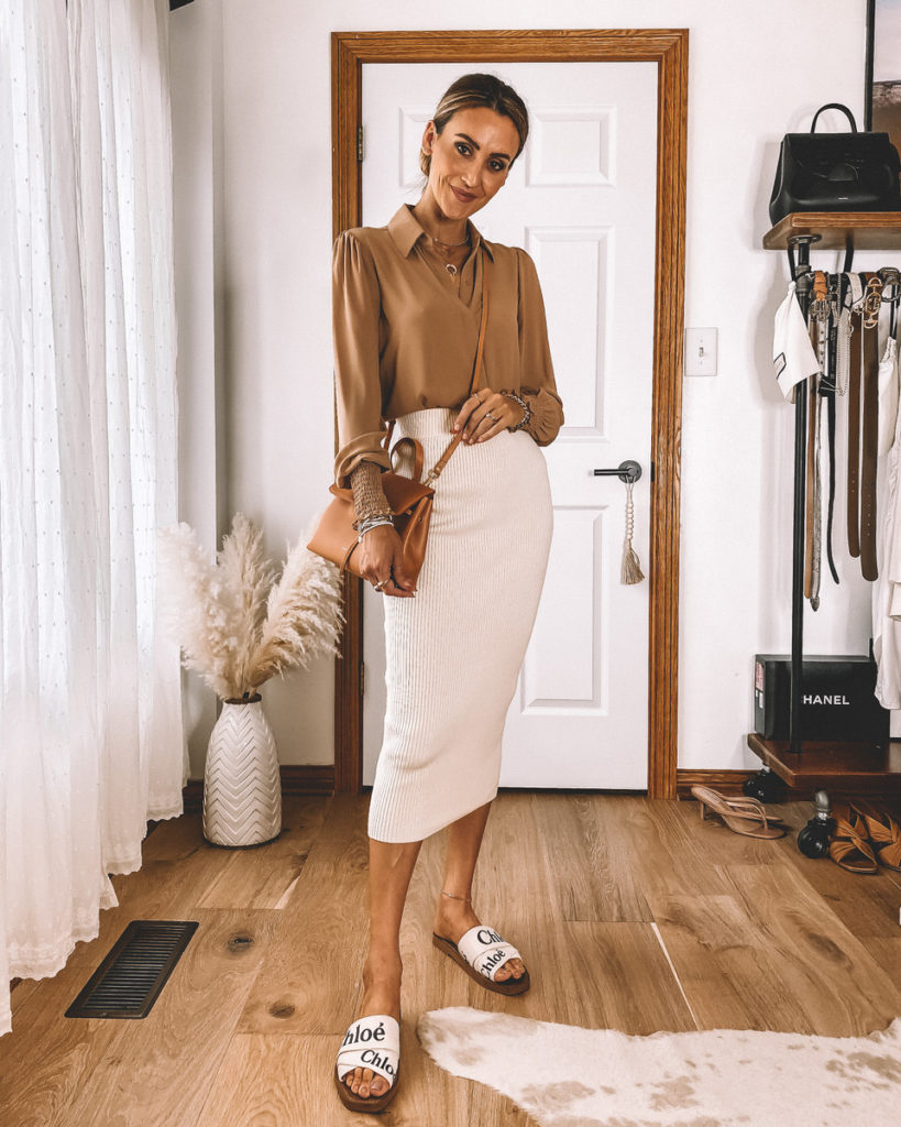 Rib Knit Midi skirt smocked silk shirt chloe flat sandals mini mini lady bag Mansur Gavriel chic outfit