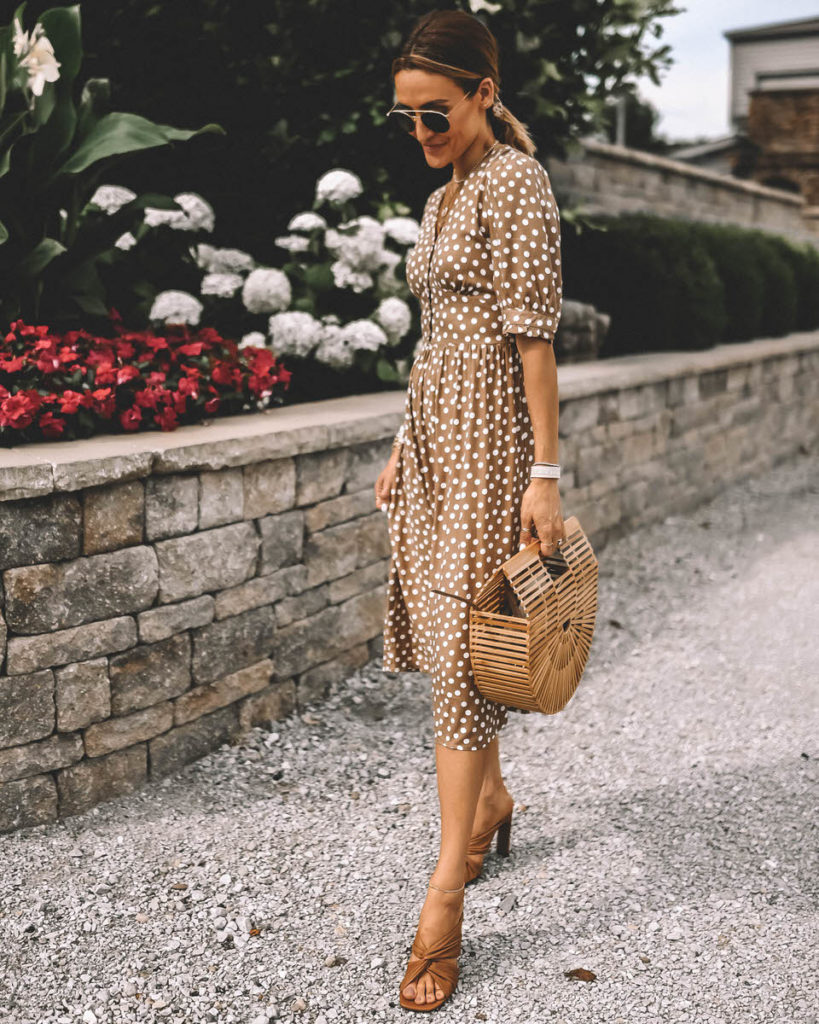 Tan midi dress under $20 polka dot puff sleeve perfect fit bamboo bag leather sandals summer outfit