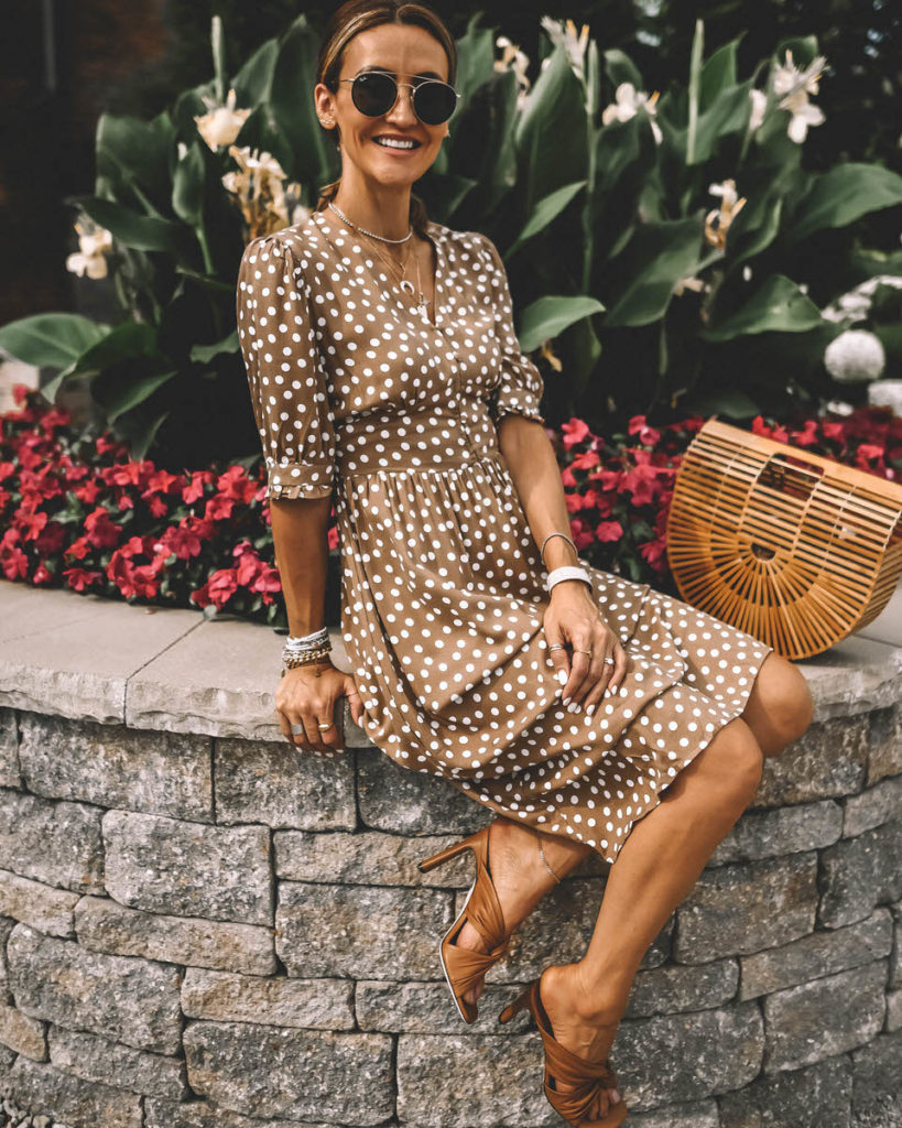 Tan midi dress under $20 polka dot puff sleeve perfect fit bamboo bag leather sandals summer outfit