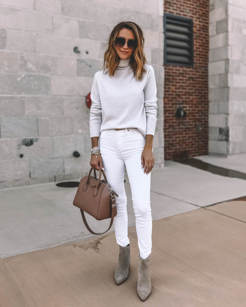 NSale Vince cashmere blend sweater all white look white skinny jeans grey booties givenchy antigona bag Gucci gradiente aviators fall neutral style