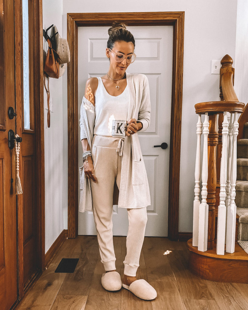 Knit jogger set ugg slipper mango textured top barefoot cardigan anthropologie monogram mug blue light glasses neutral style