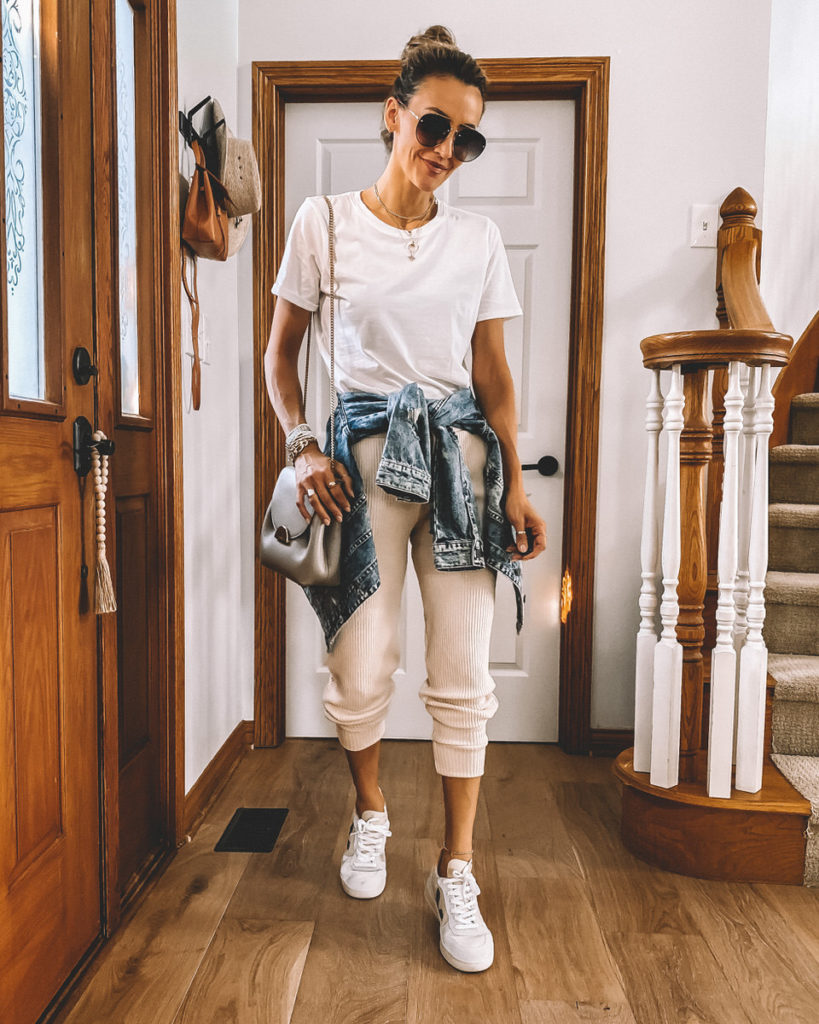 Knit jogger set crew neck tee low top veja sneaker levi jean jacket aviators neutral style