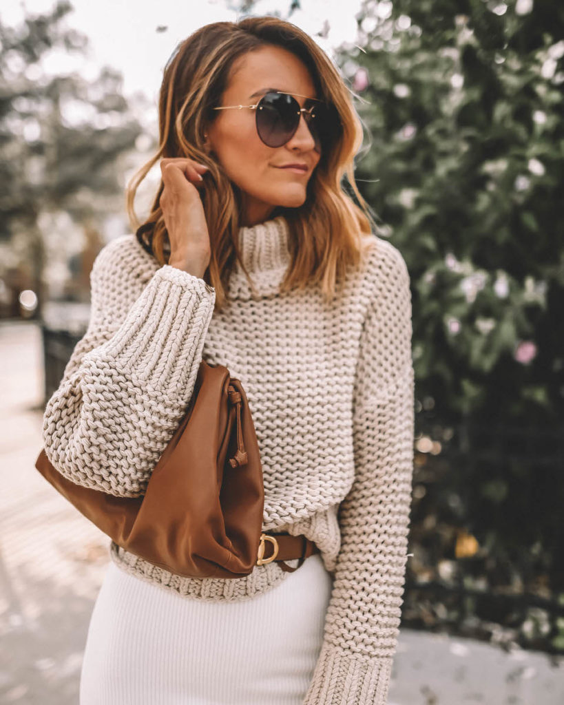 White knit dress Free people my only sunshine cream sweater Gucci horsebit belt bottega venetta dumpling bag dupe gucci aviators glasses fall neutral style