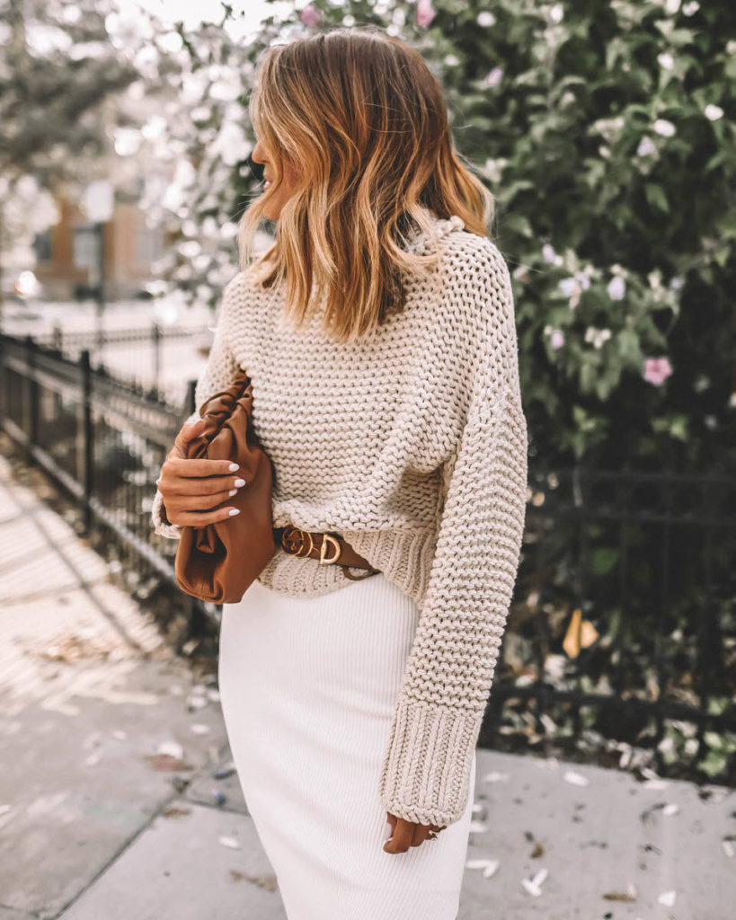 White knit dress Free people my only sunshine cream sweater Gucci horsebit belt bottega venetta dumpling bag dupe gucci aviators glasses fall neutral style