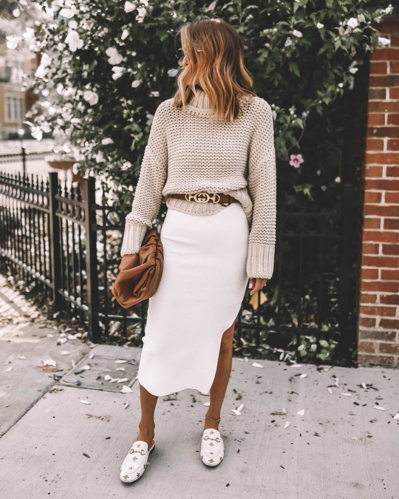 White knit dress Free people my only sunshine cream sweater Gucci horsebit belt bottega venetta dumpling bag dupe gucci aviators glasses fall neutral style