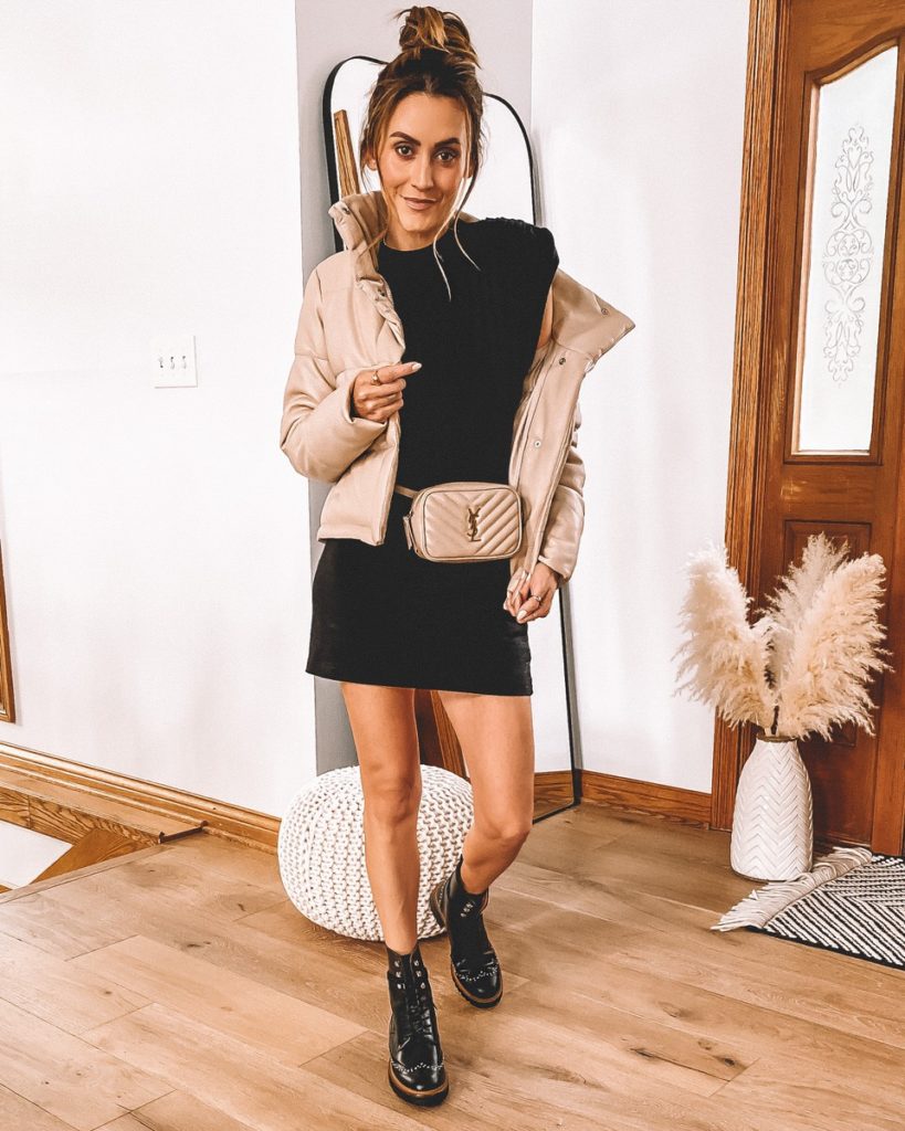 Karina Style Diaries wearing puffer jacket t shirt dress combat boots YSL belt bag fall style