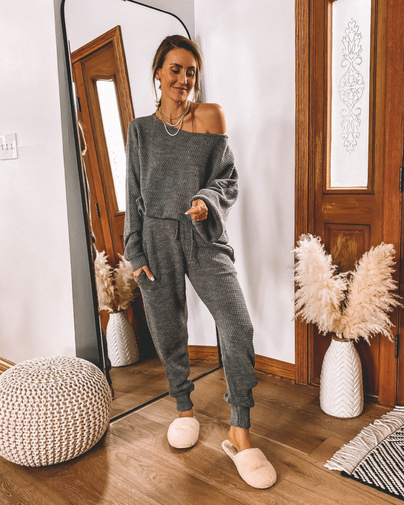 Cozy matching set off the shoulder sweater knit jogger grey