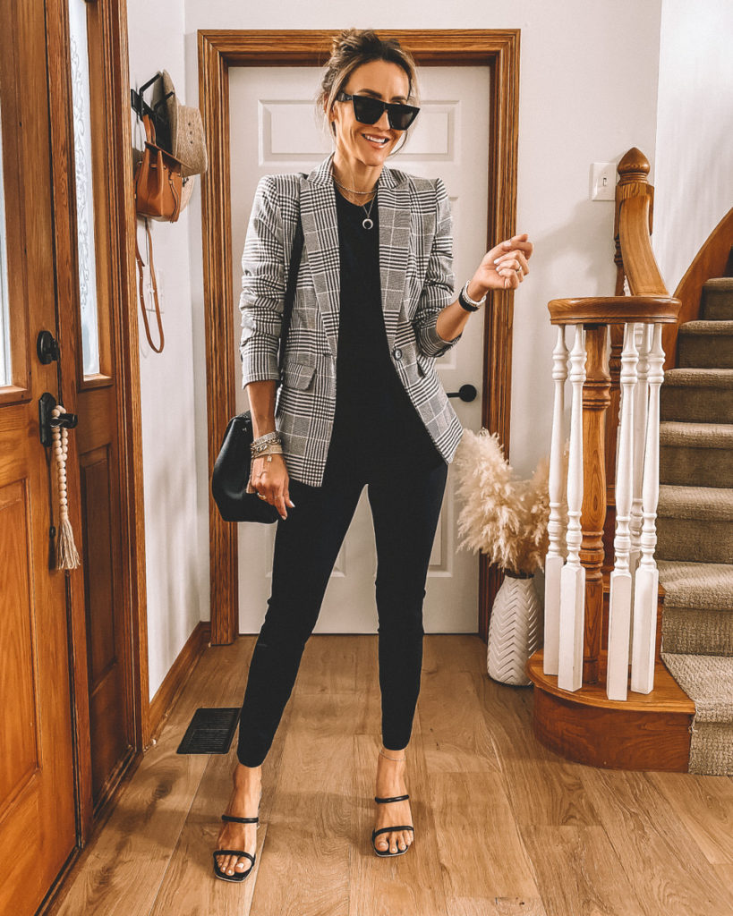 Karina Style Diaries Fall Fashion Haul Evereve pleated sleeve tee Ponte straight pants Rendolen studded loafer Park ave blazer black bag fall style