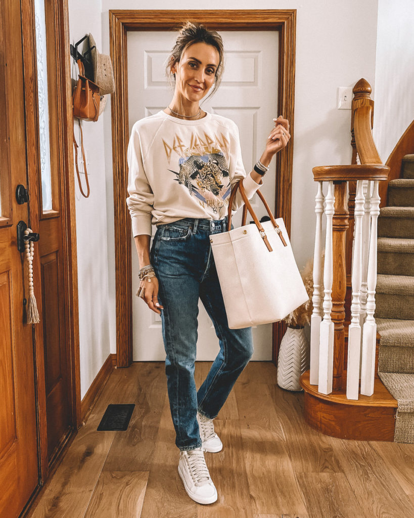 Karina Style Diaries Fall Fashion Haul Evereve Varsity crew Riley high rise straight cream tote bag white zebra high top sneaker fall style