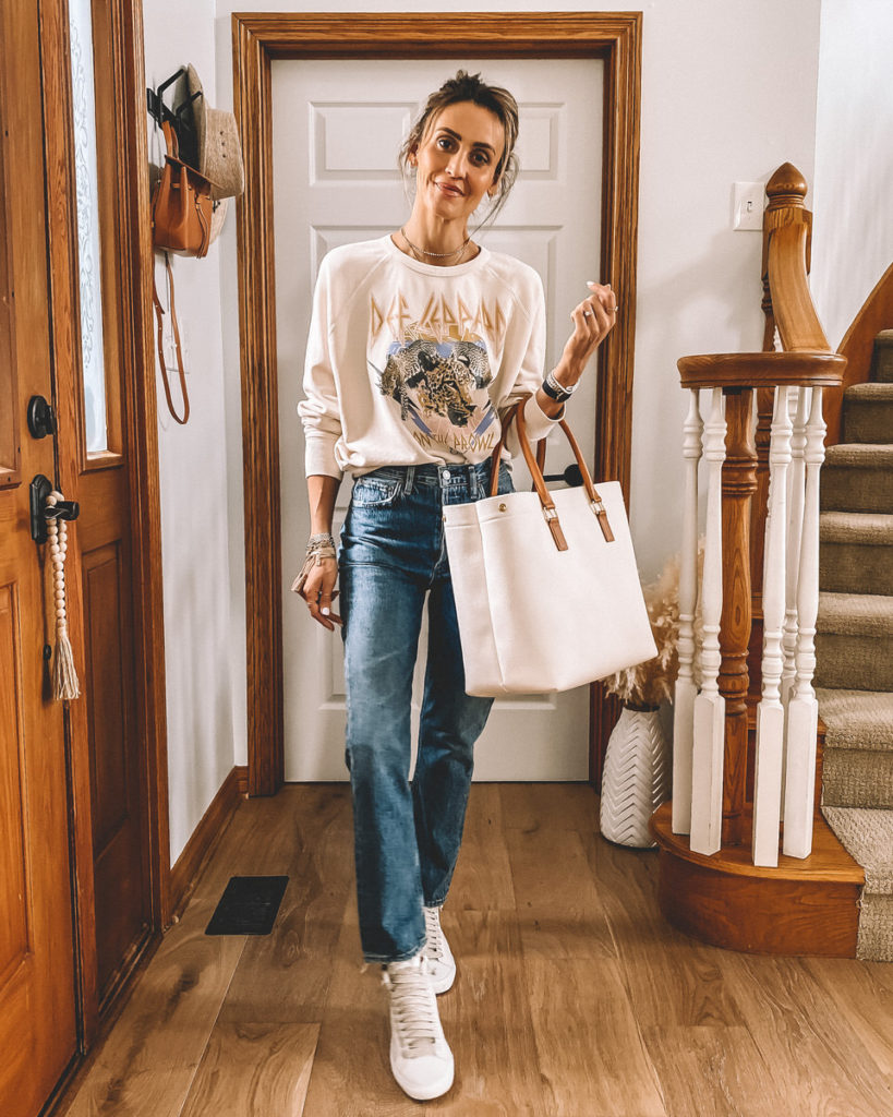 Karina Style Diaries Fall Fashion Haul Evereve Varsity crew Riley high rise straight cream tote bag white zebra high top sneaker fall style