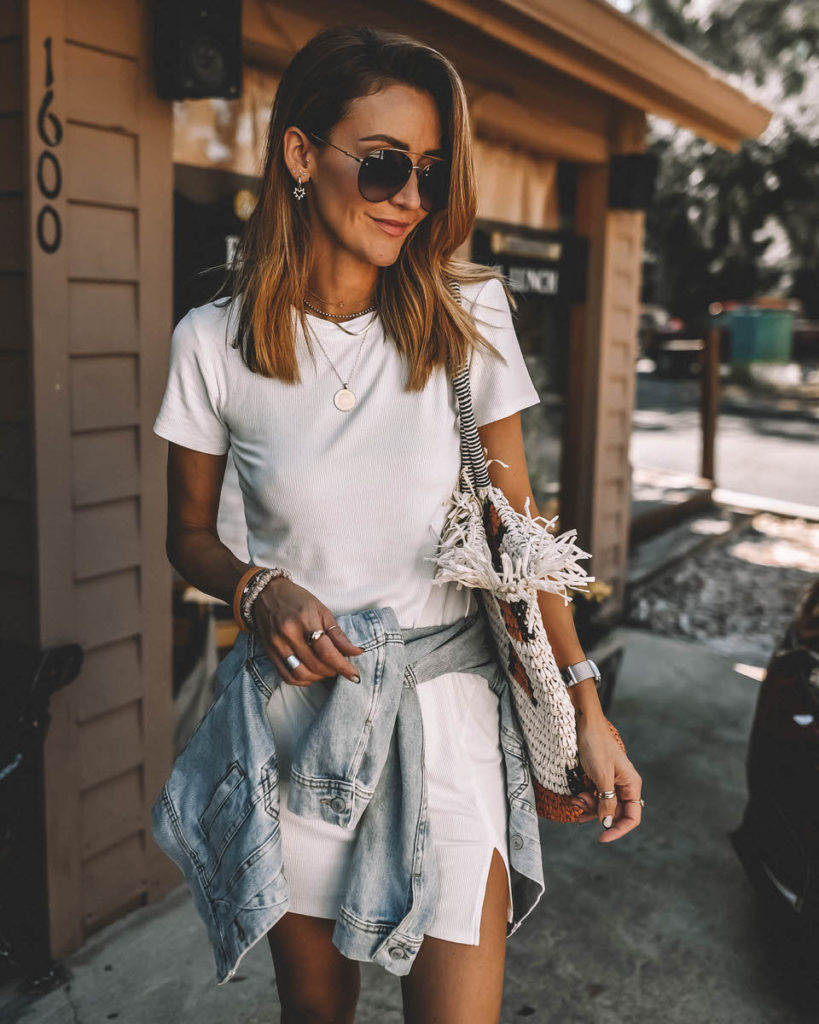 White dress denim jacket outfit 