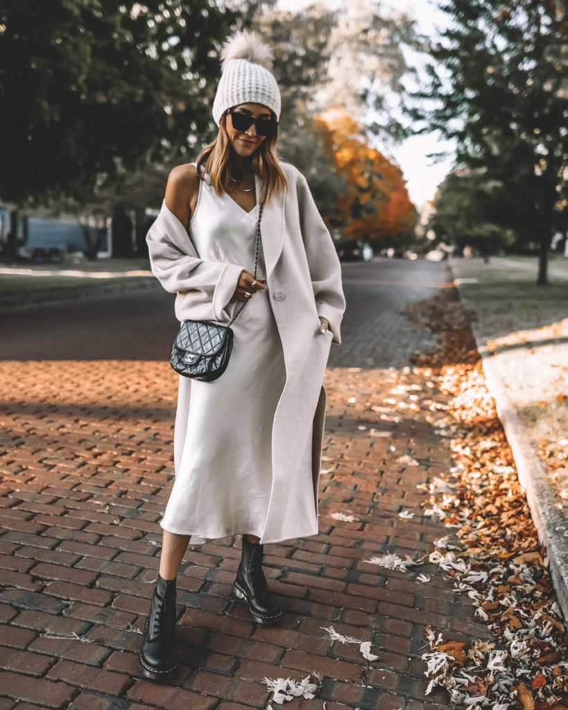 Satin slip dress outfit oversized cardigan white beanie chanel bag neutral style