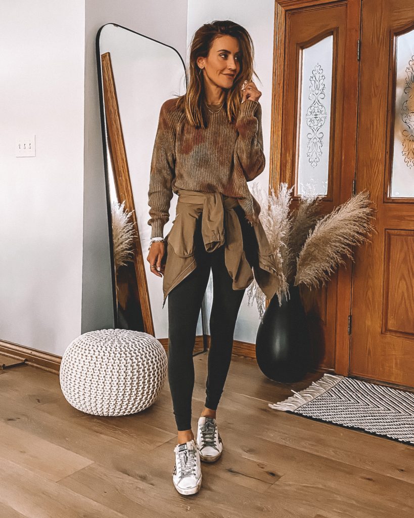 Karina Style Diaries wearing lululemon jacket align pant tie dye shirt golden goose sneakers neutral style