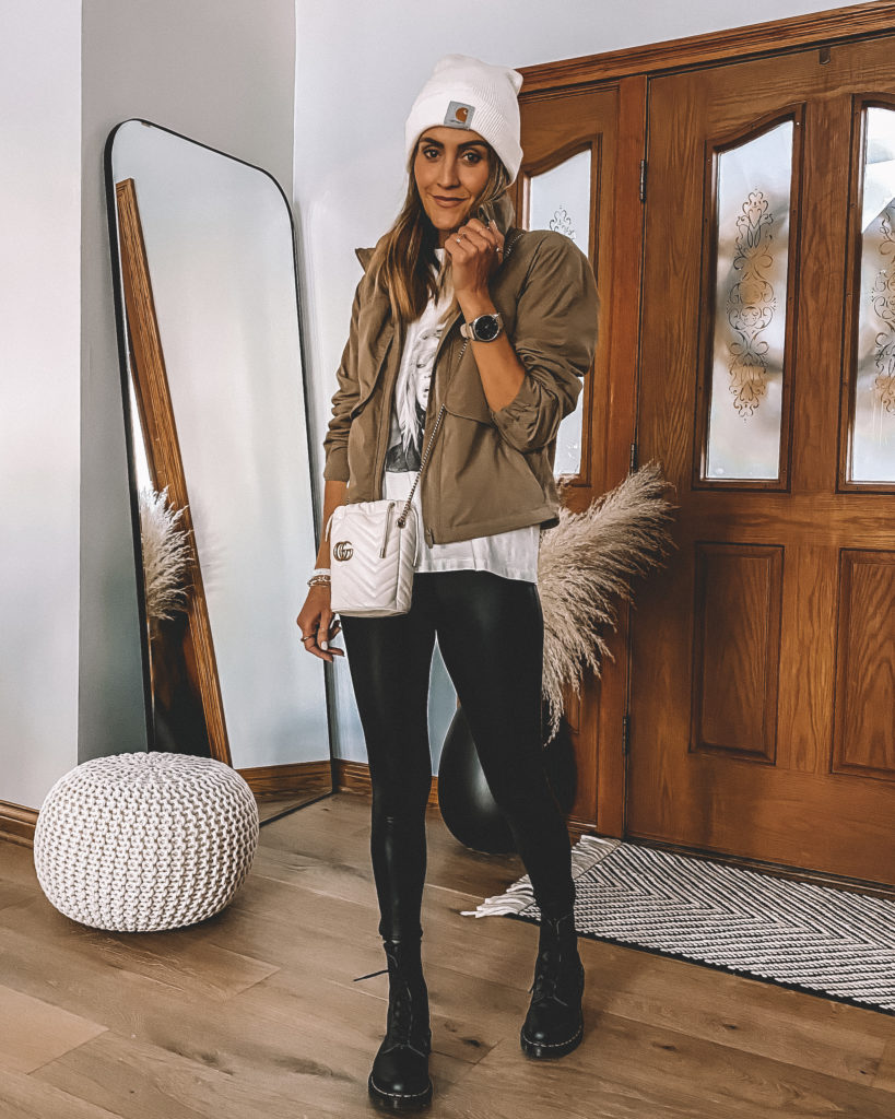 Karina Style Diaries wearing lululemon jacket spanx leggings combat boots carhartt hat anine bing tee neutral style