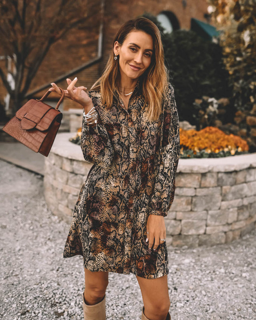 walmart fashion Scoop A-line shirt dress snakeskin print tall suede boots top handle embossed brown handbag fall style