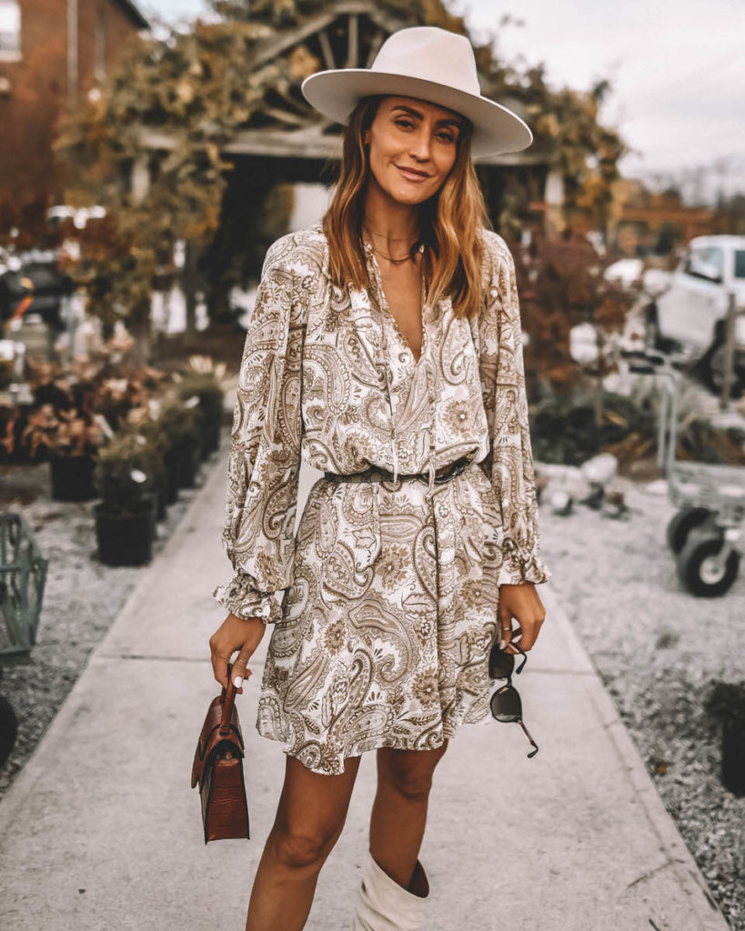 walmart fashion Scoop A-line shirt dress print tall slouchy boots top handle embossed brown handbag wool hat fall style