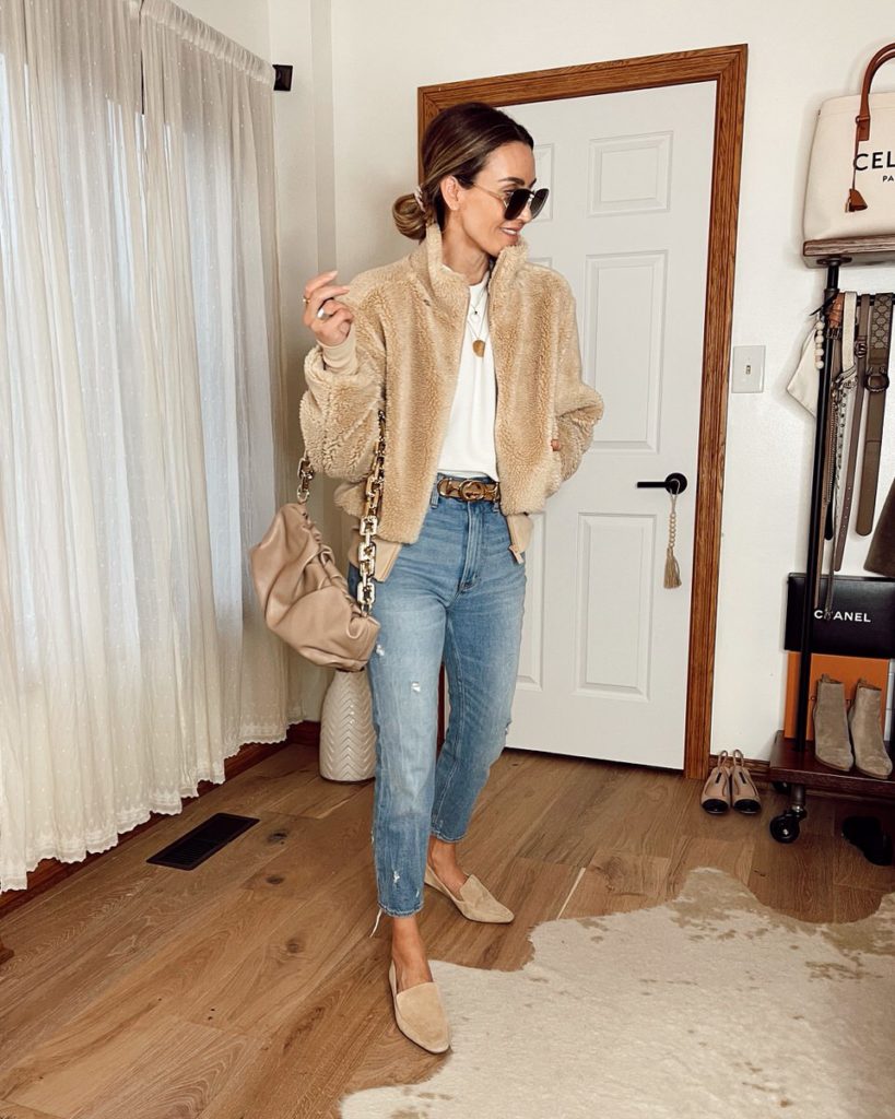 Karina Style Diaries wearing aloyoga sherpa high rise straight jeans amazong sweatshirt fall style