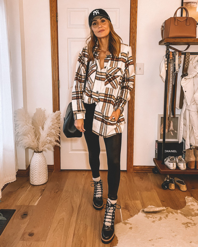 Karina Style Diaries wearing plaid jacket spanx leggings shearling boots NY cap neutral style