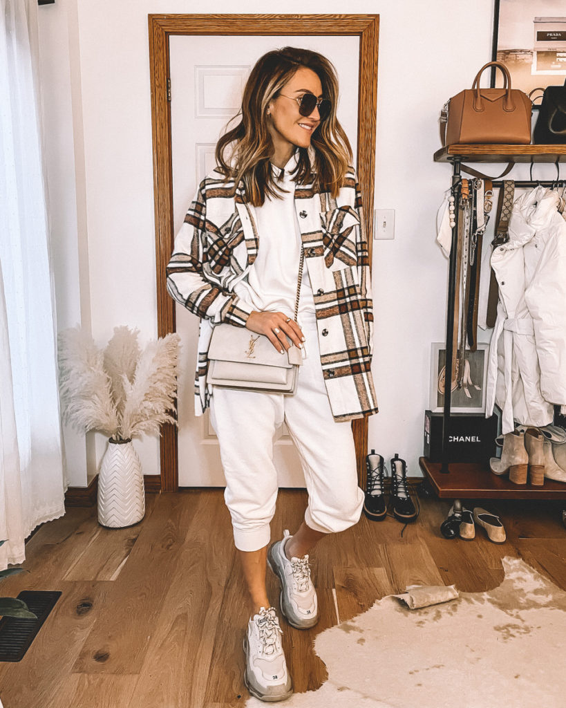 Karina Style Diaries wearing plaid jacket hoodie and jogger set balenciaga sneakers ysl bag neutral style