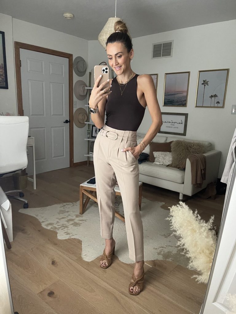 Express racerback bodysuit, beige pants, camel sandals neutral style