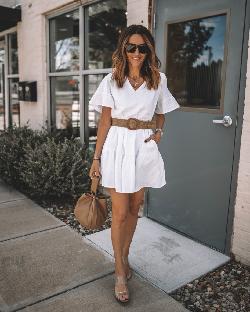 Karina Style Diaries wearing amazon white shift dress straw belt tote bag cateye sunglasses neutral style