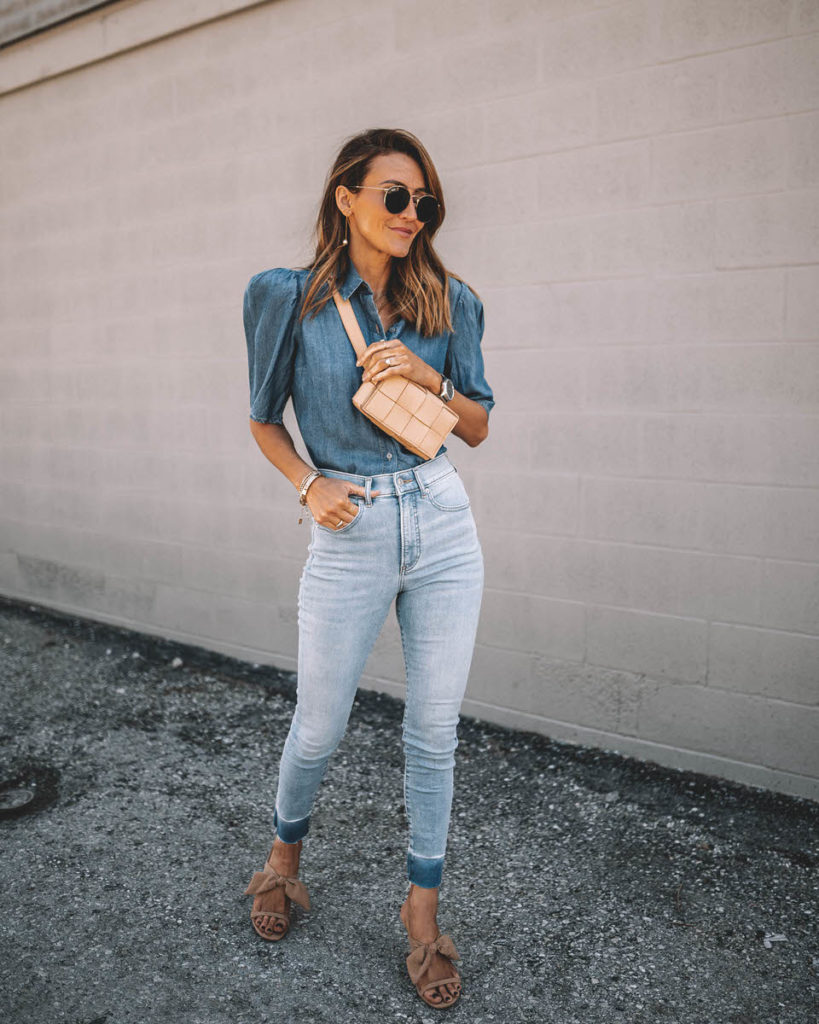 All denim outfit, bottega veneta cassette belt bag