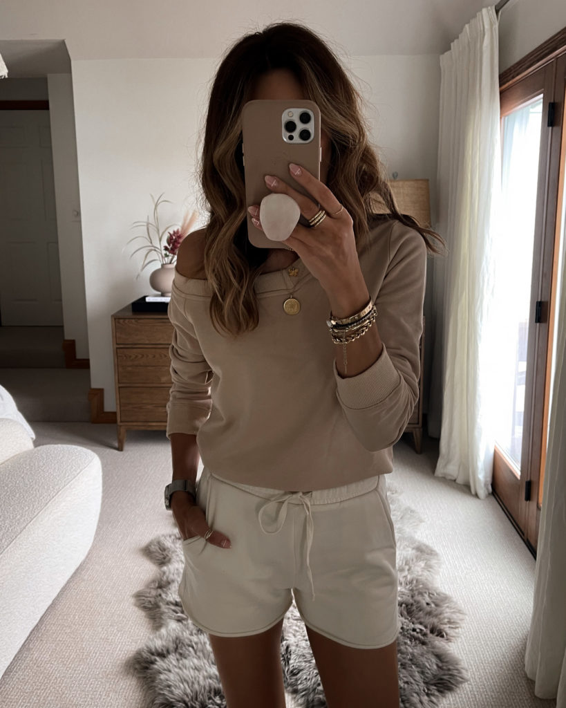 Karina Style Diaries wearing off shoulder sweater, shorts