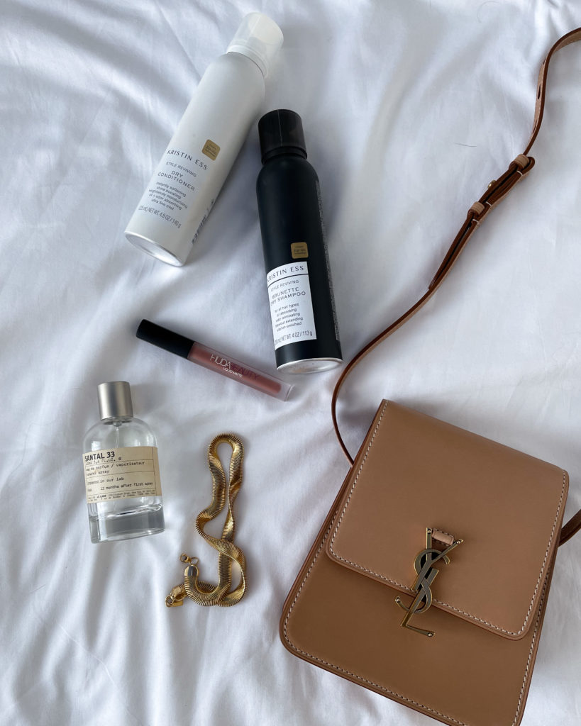 YSL bag, santal 33 perfume, kristin ess hair products, electric picks jewelry