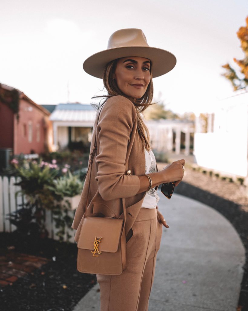 Karina Style Diaries wearing express sweater jacket, sweater pants, graphic tee, fedora hat, ysl bag, fall style