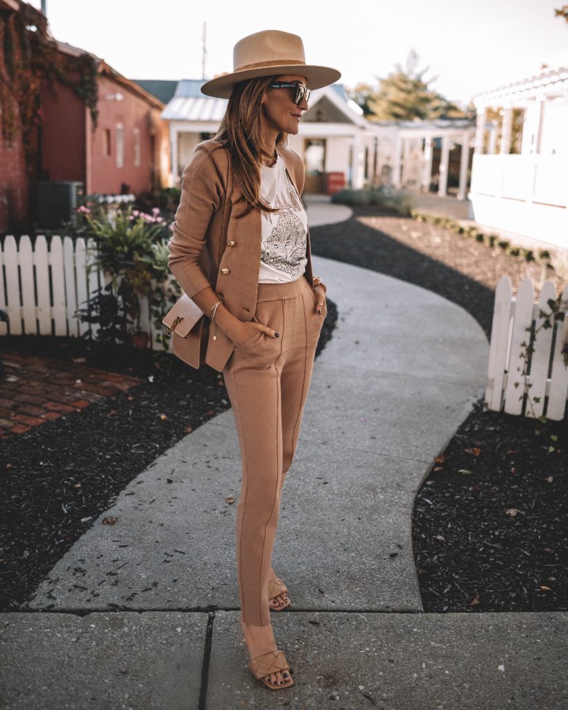 Karina Style Diaries wearing express sweater jacket, sweater pants, graphic tee, fedora hat, ysl bag, fall style