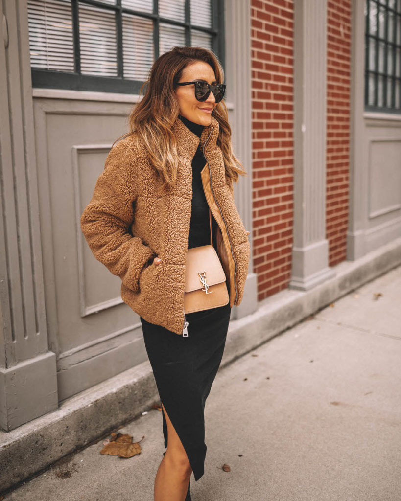 Karina style diaries black and camel outfit, fall fashion, black bodycon dress, shearling jacket, tall black lug boots