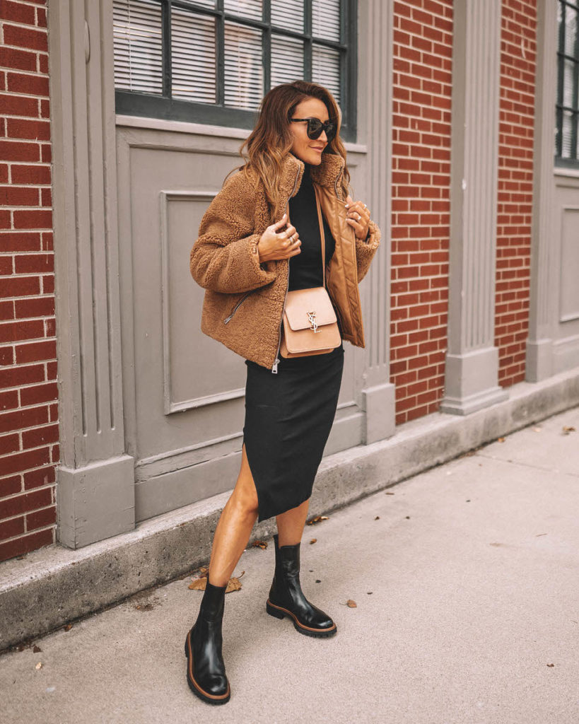 Karina style diaries black and camel outfit, fall fashion, black bodycon dress, shearling jacket, tall black lug boots