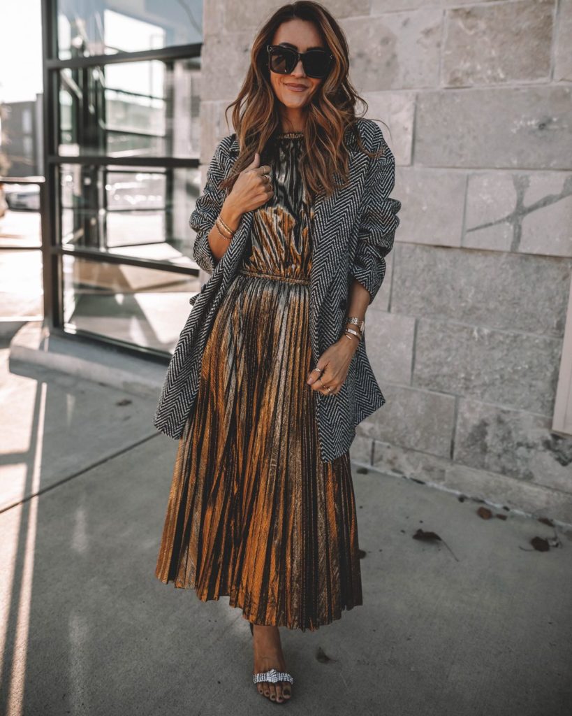 Karina wears nordstrom metallic dress and wool coat