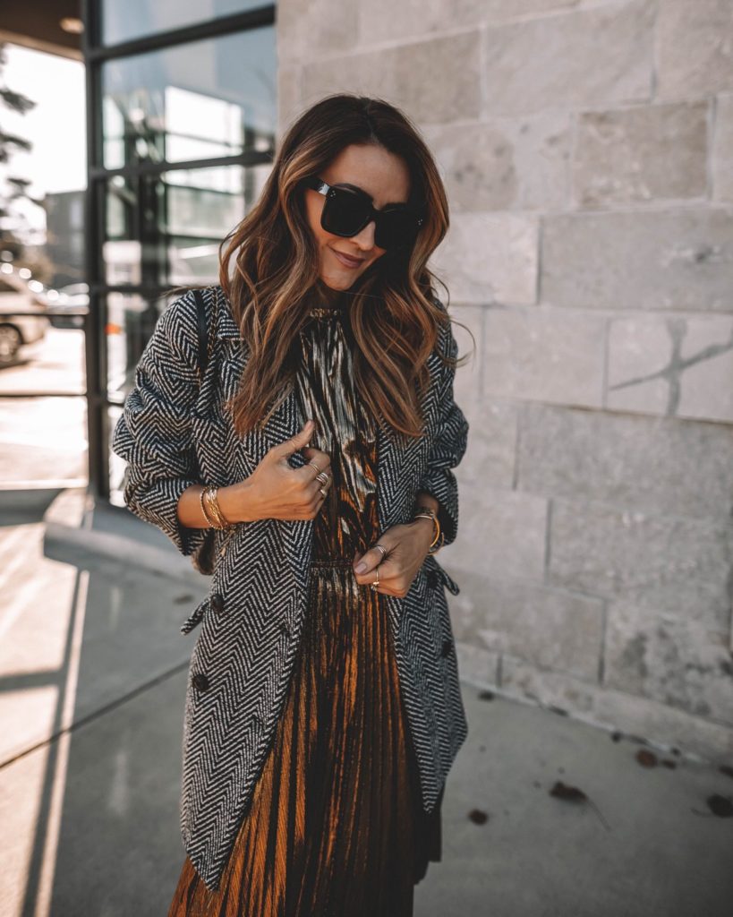 Karina wears nordstrom metallic dress and wool coat