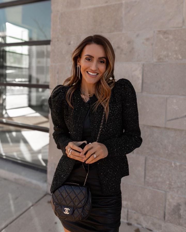 Karina wear express black leather dress and rhinestone heel