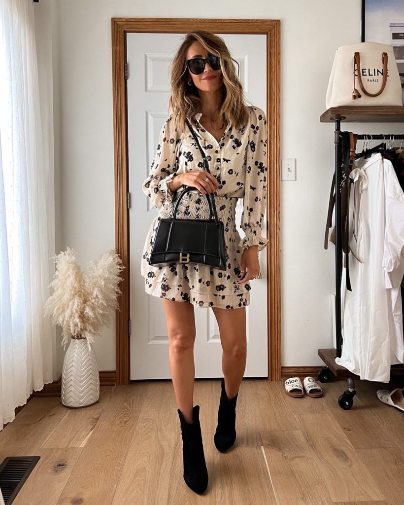 karina wears balenciaga hourglass bag with heartloom mini dress and bash boots