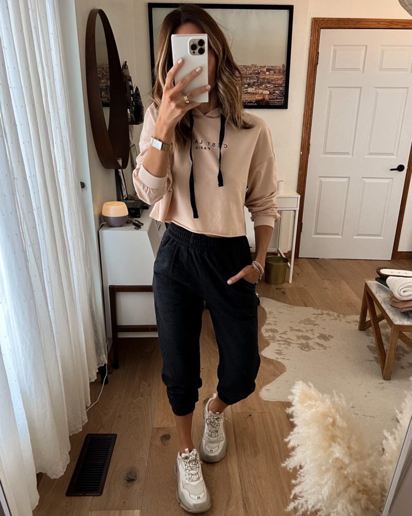 karina wears amazon cropped sweatshirt and varley joggers